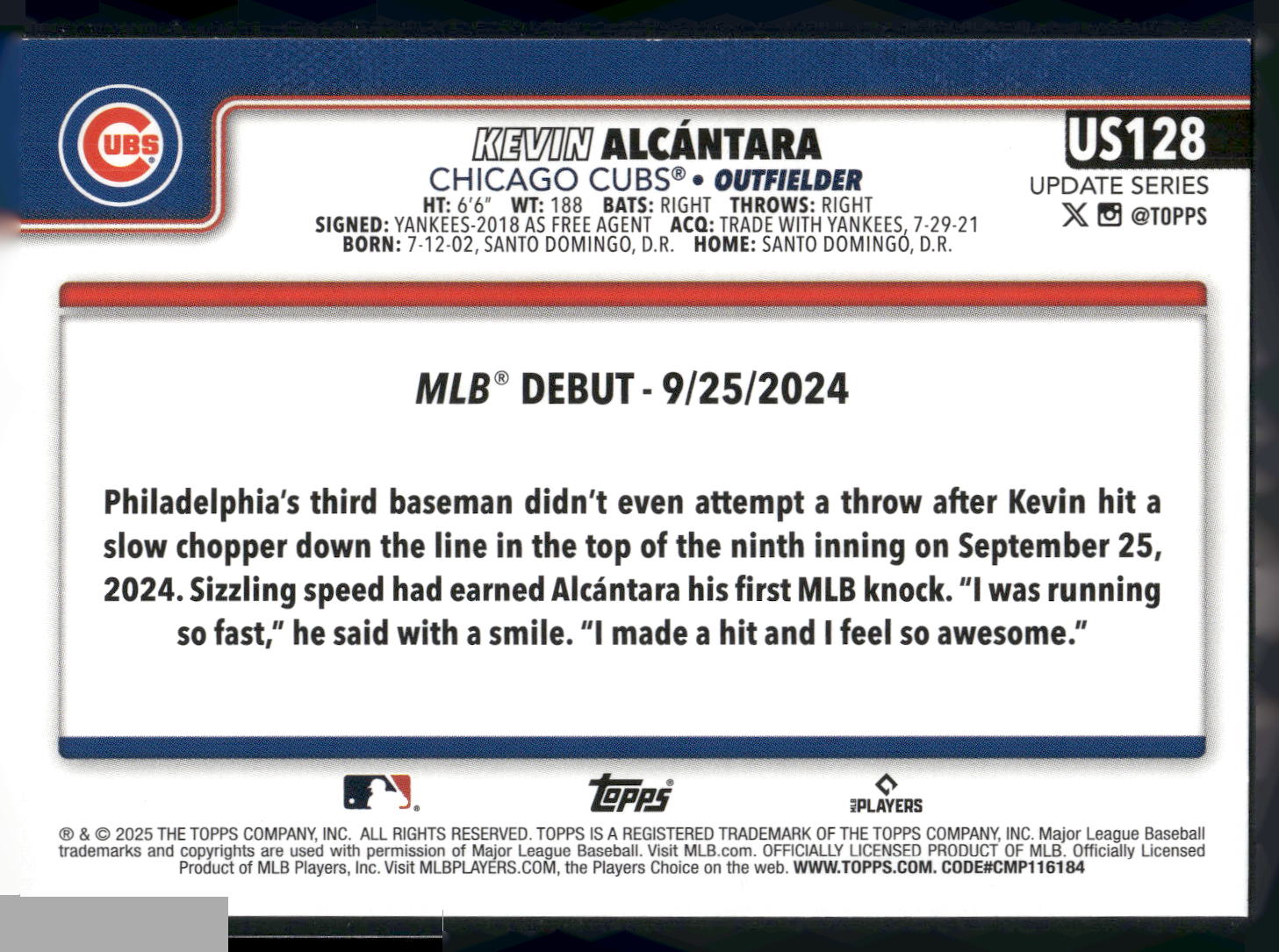 2025 Topps Update #US128 Kevin Alcántara Rainbow Foil
