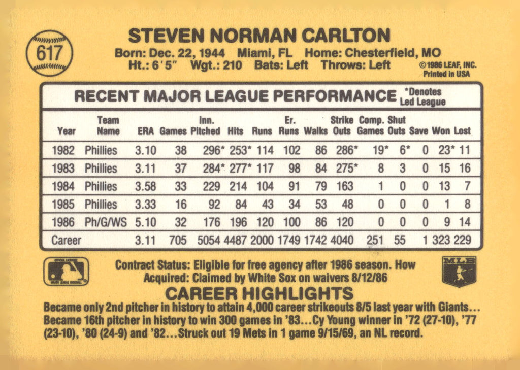 1987 Donruss #617 Steve Carlton