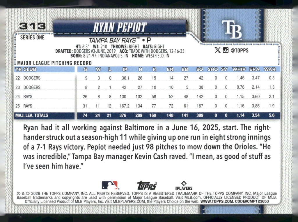 2026 Topps #313 Ryan Pepiot