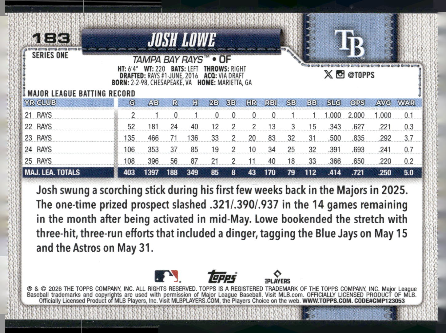 2026 Topps #183 Josh Lowe