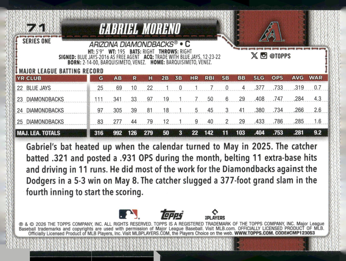 2026 Topps #71 Gabriel Moreno