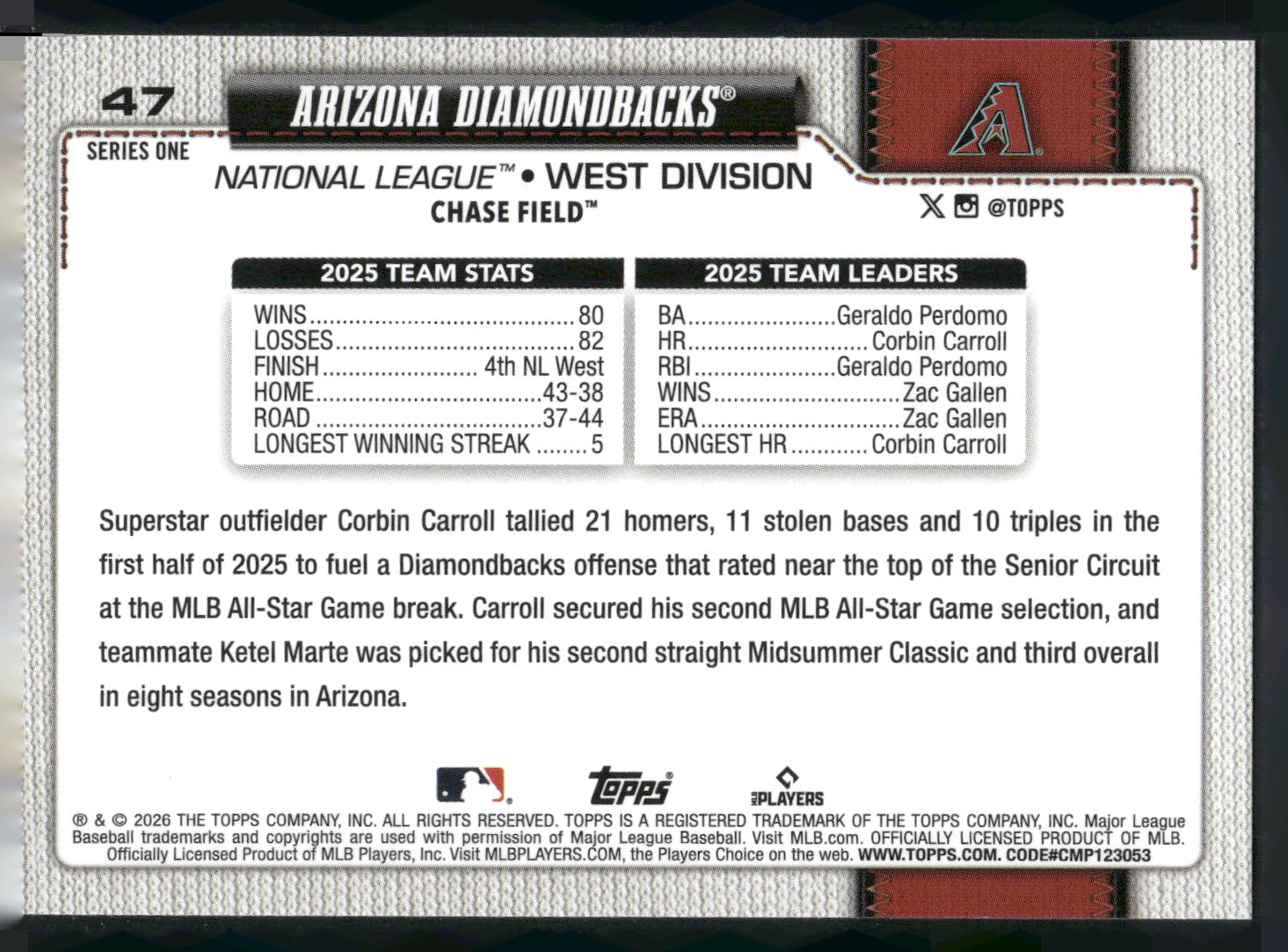 2026 Topps #47 Arizona Diamondbacks