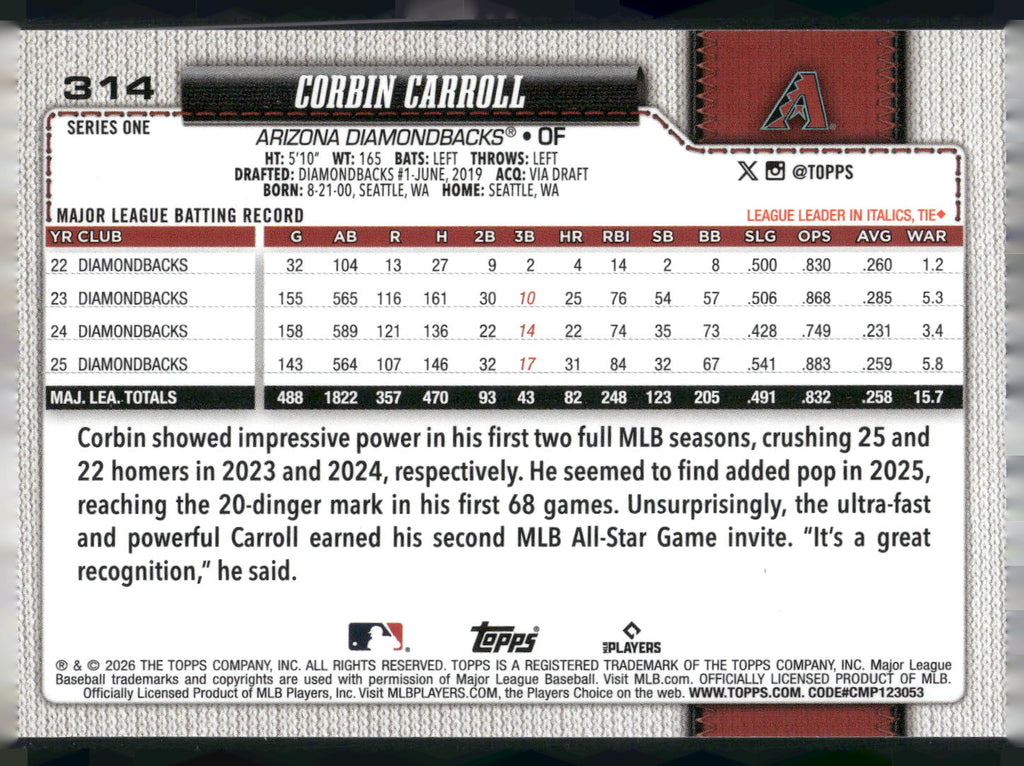 2026 Topps #314 Corbin Carroll