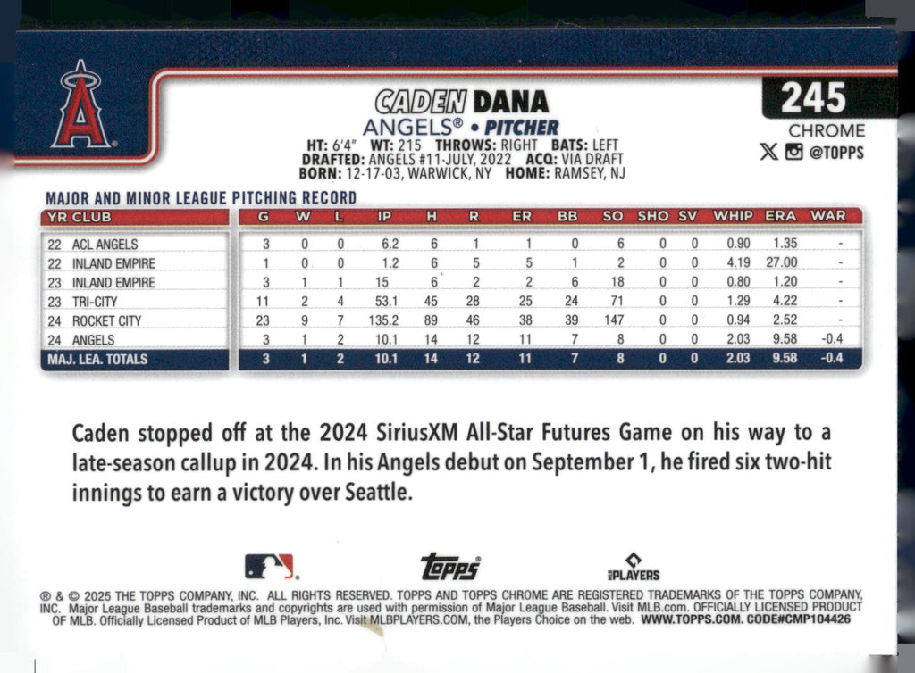 2025 Topps Chrome #245 Caden Dana RayWave Refractors