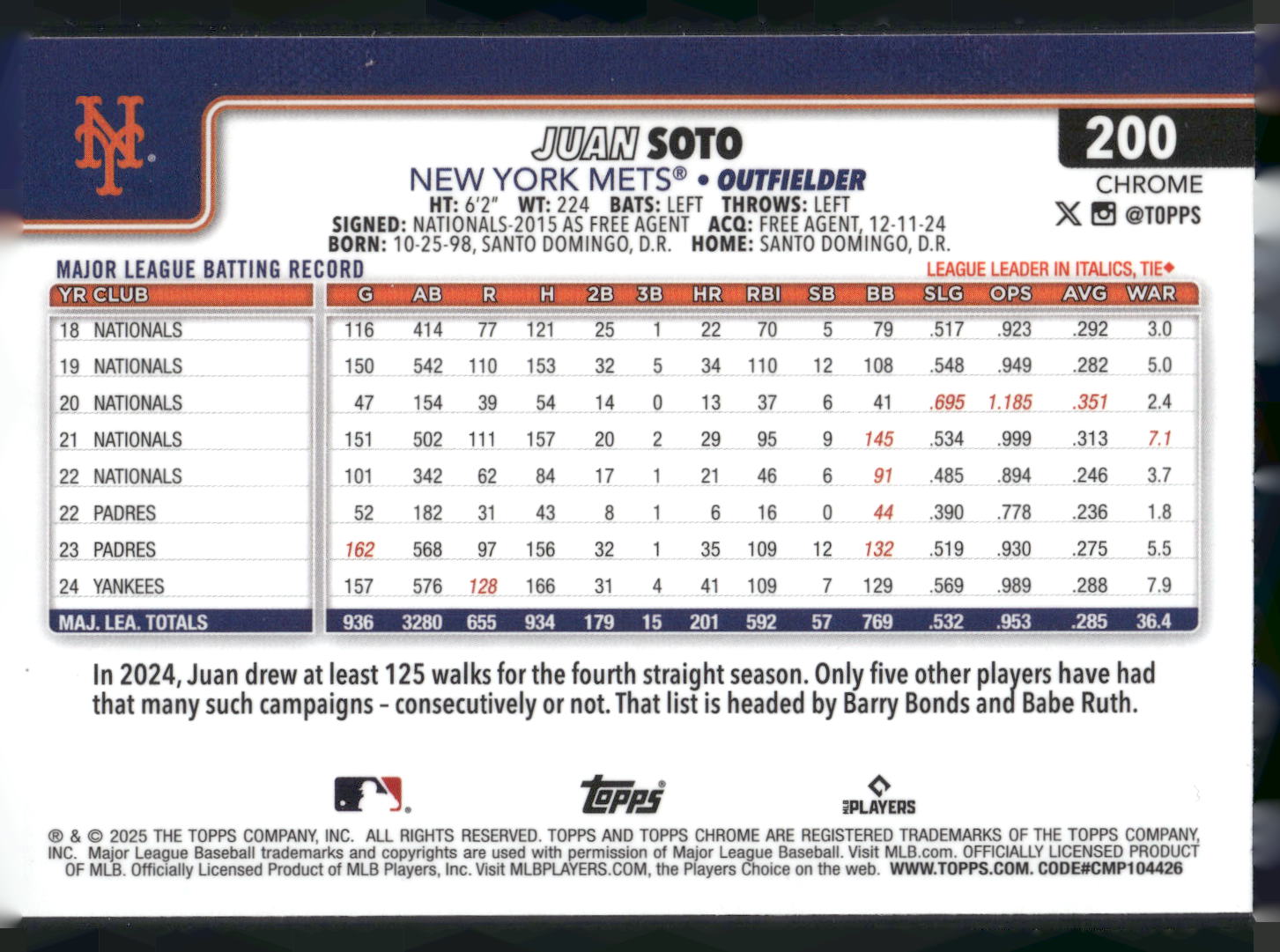 2025 Topps Chrome #200 Juan Soto RayWave Refractors