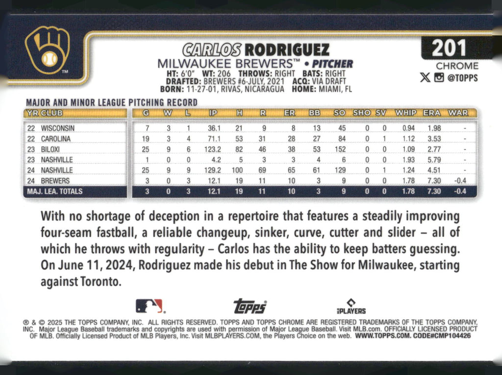 2025 Topps Chrome #201 Carlos Rodriguez Sepia Refractors