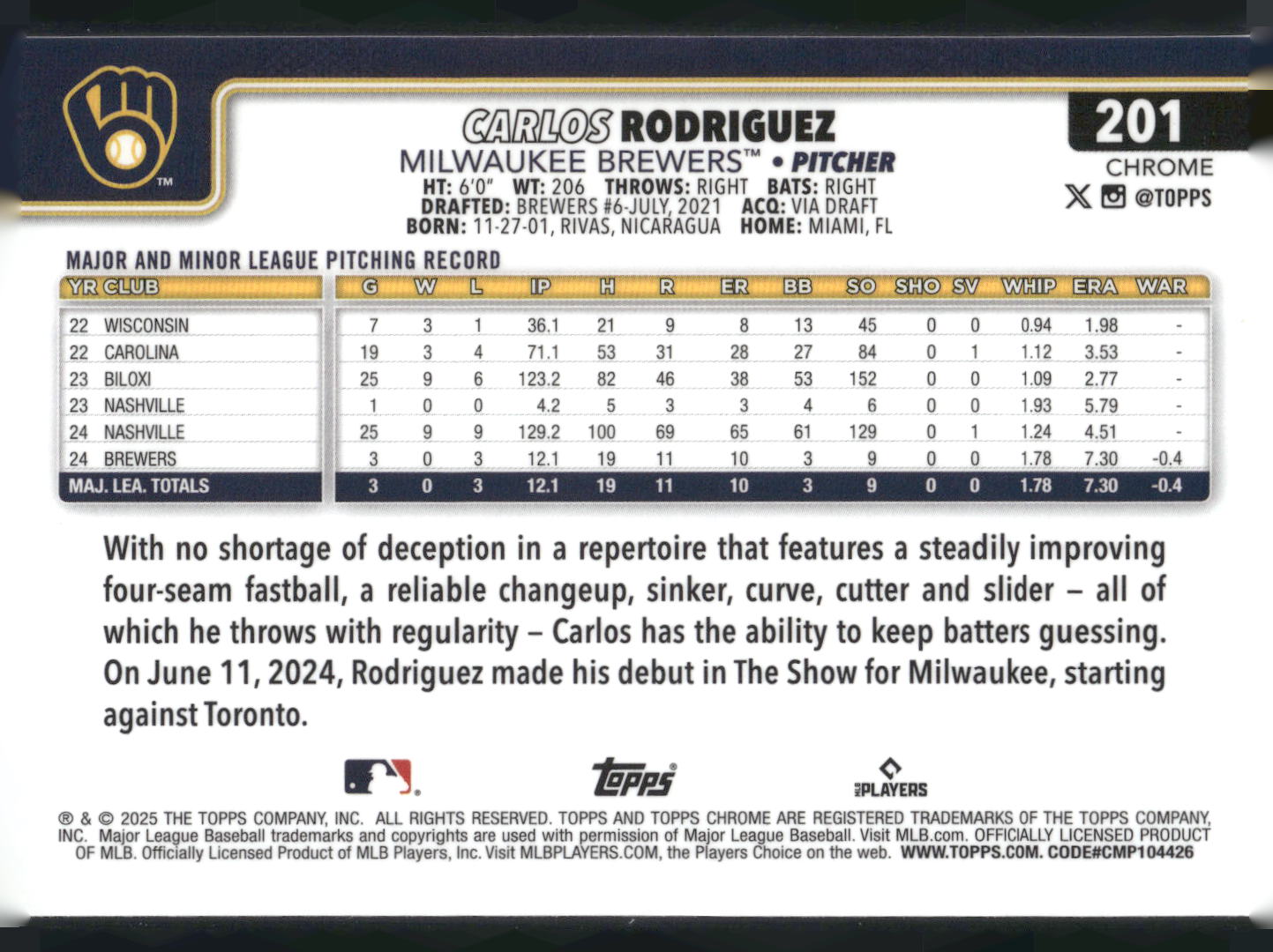 2025 Topps Chrome #201 Carlos Rodriguez Sepia Refractors