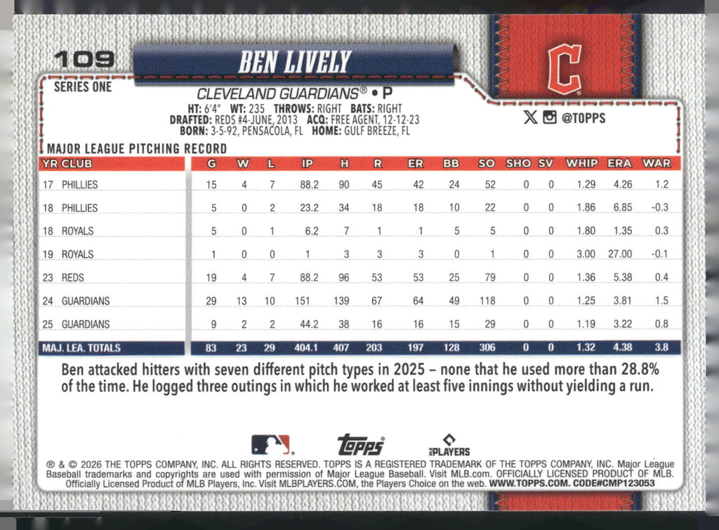2026 Topps #109 Ben Lively Rainbow Foil