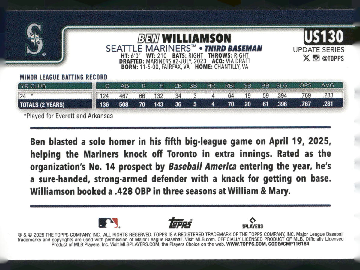 2025 Topps Update #US130 Ben Williamson Holiday
