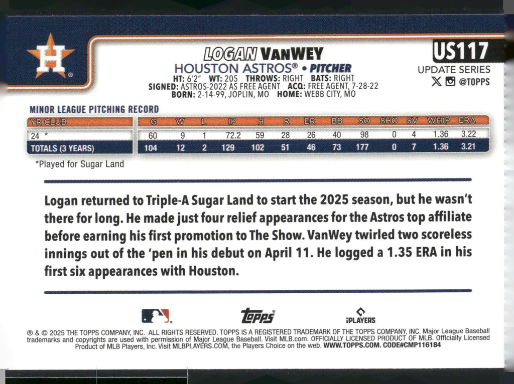 2025 Topps Update #US117 Logan VanWey Sandglitter