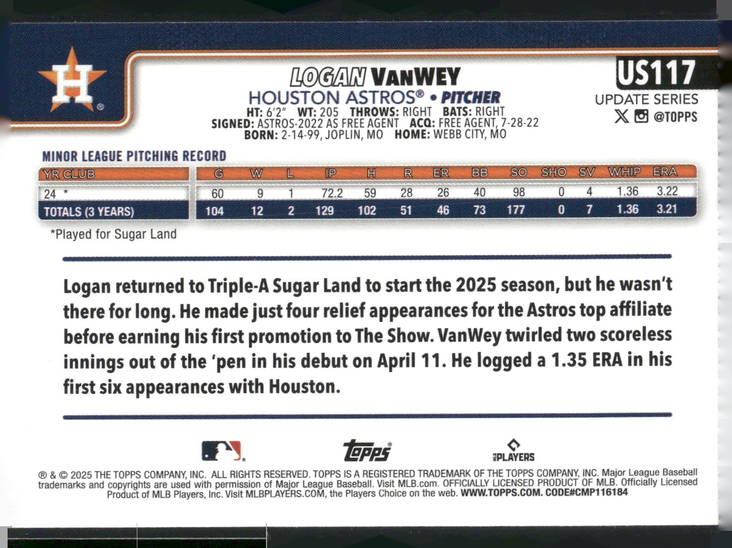 2025 Topps Update #US117 Logan VanWey Sandglitter