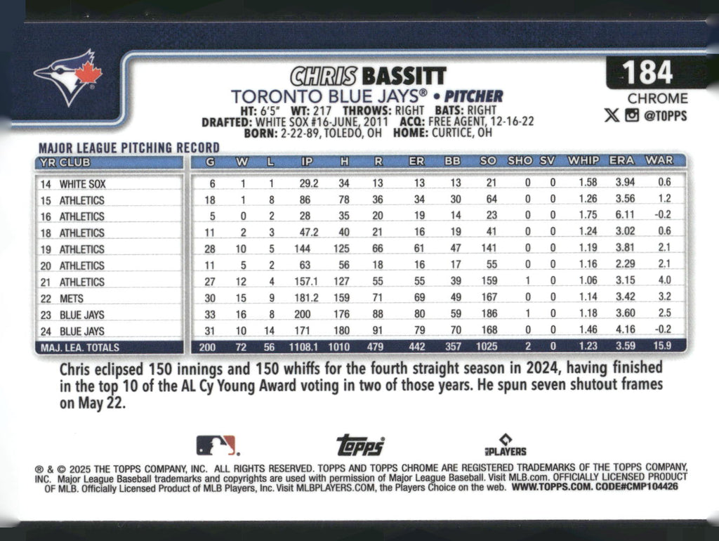 2025 Topps Chrome #184 Chris Bassitt Sepia Refractors