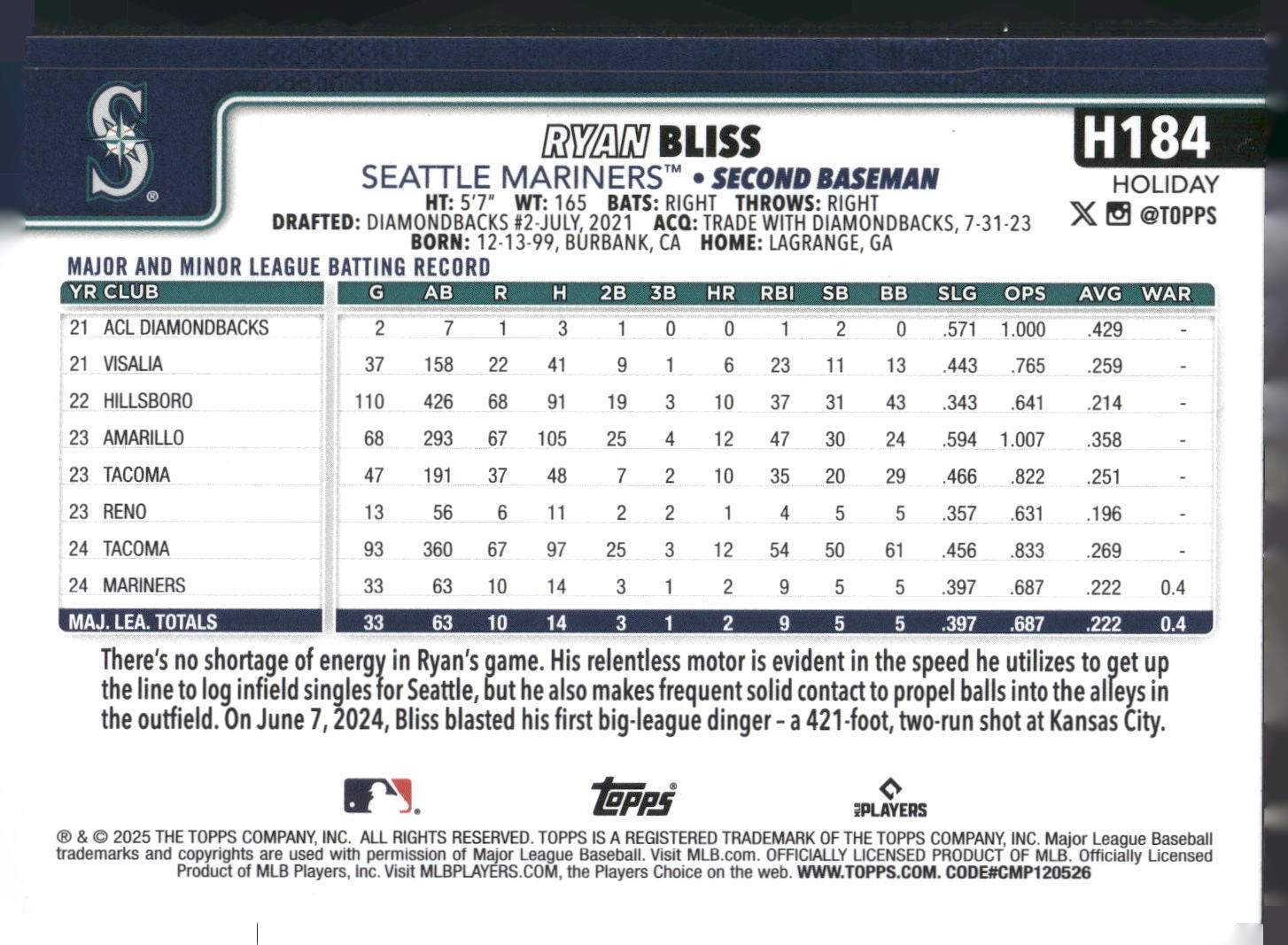 2025 Topps Holiday #H184 Ryan Bliss Green Holiday Plaid