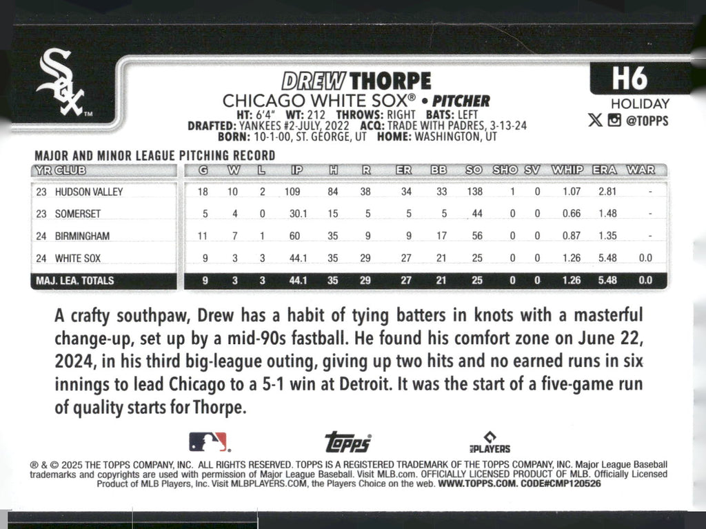 2025 Topps Holiday #H6 Drew Thorpe Green Holiday Plaid