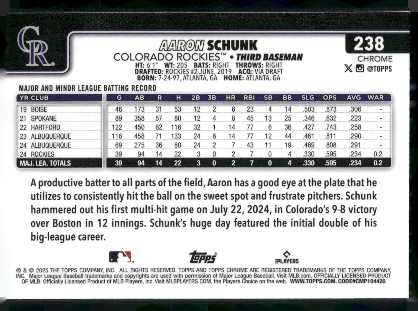 2025 Topps Chrome #238 Aaron Schunk RayWave Refractors