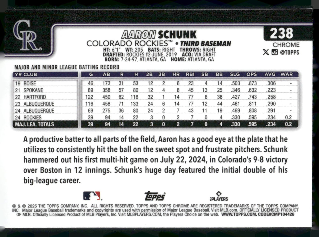 2025 Topps Chrome #238 Aaron Schunk RayWave Refractors