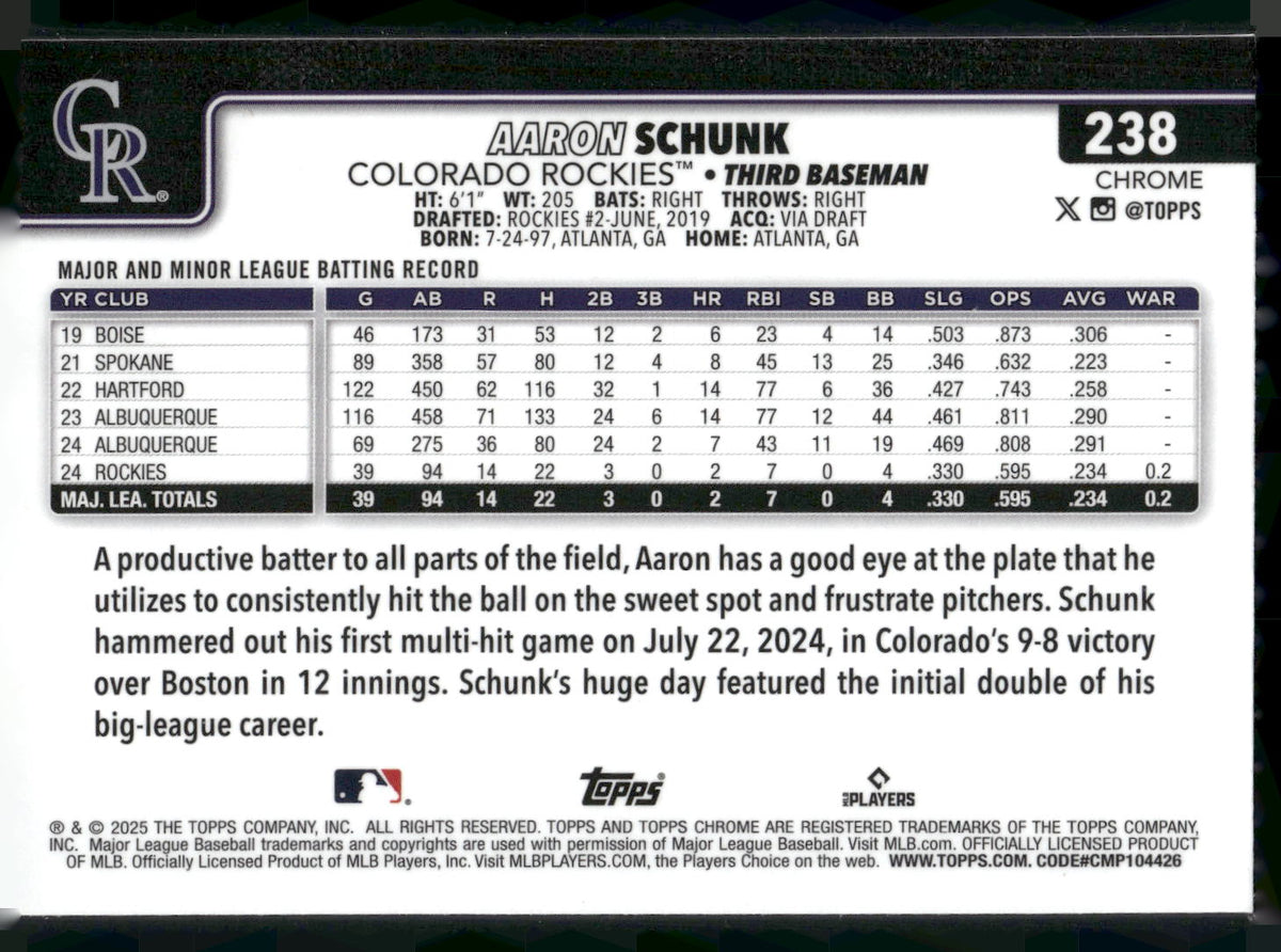 2025 Topps Chrome #238 Aaron Schunk RayWave Refractors