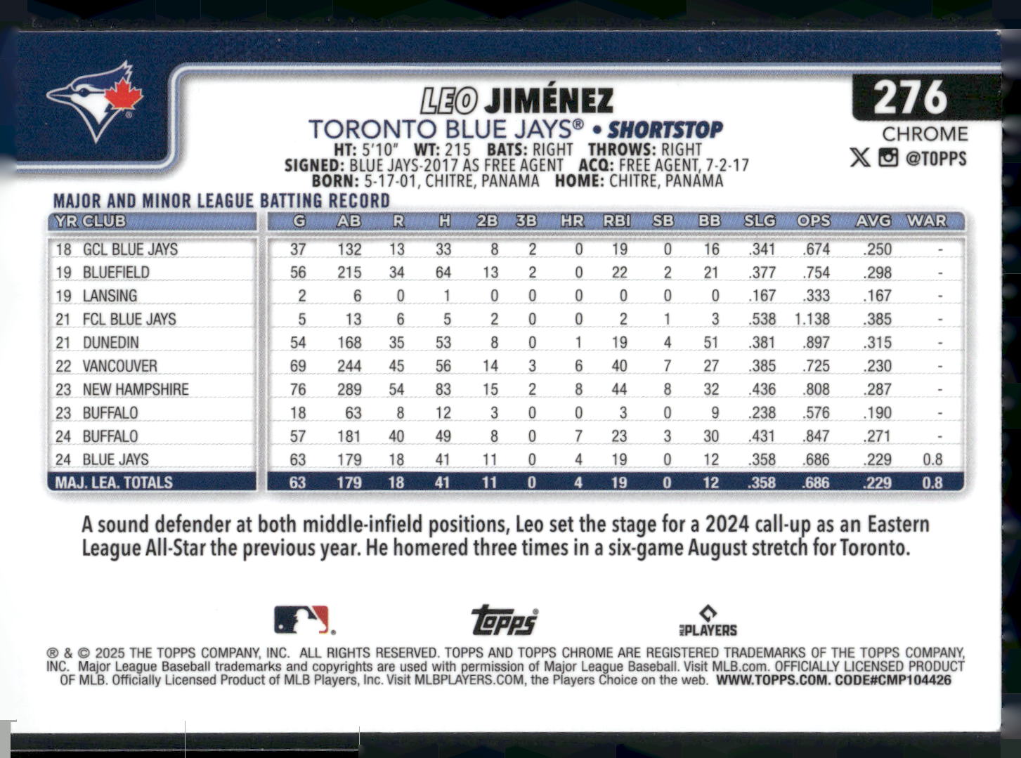 2025 Topps Chrome #276 Leo Jiménez Sepia Refractors