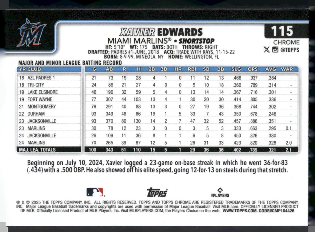 2025 Topps Chrome #115 Xavier Edwards Sepia Refractors