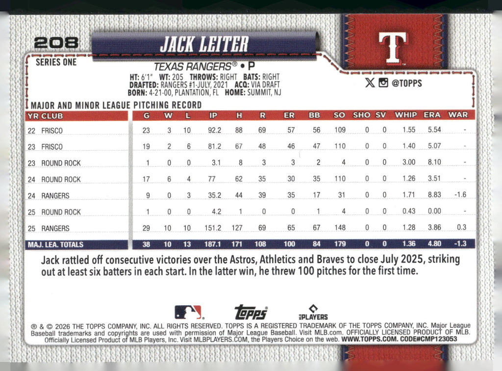 2026 Topps #208 Jack Leiter Sandglitter