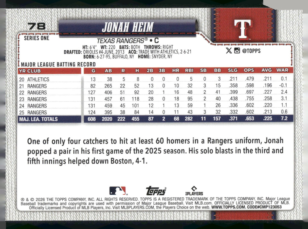 2026 Topps #78 Jonah Heim Diamante Foil