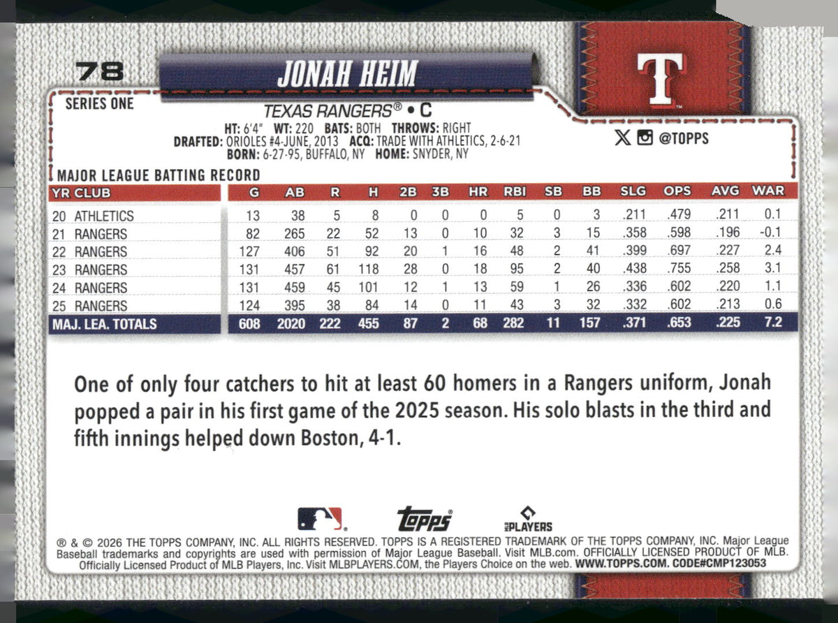 2026 Topps #78 Jonah Heim Diamante Foil