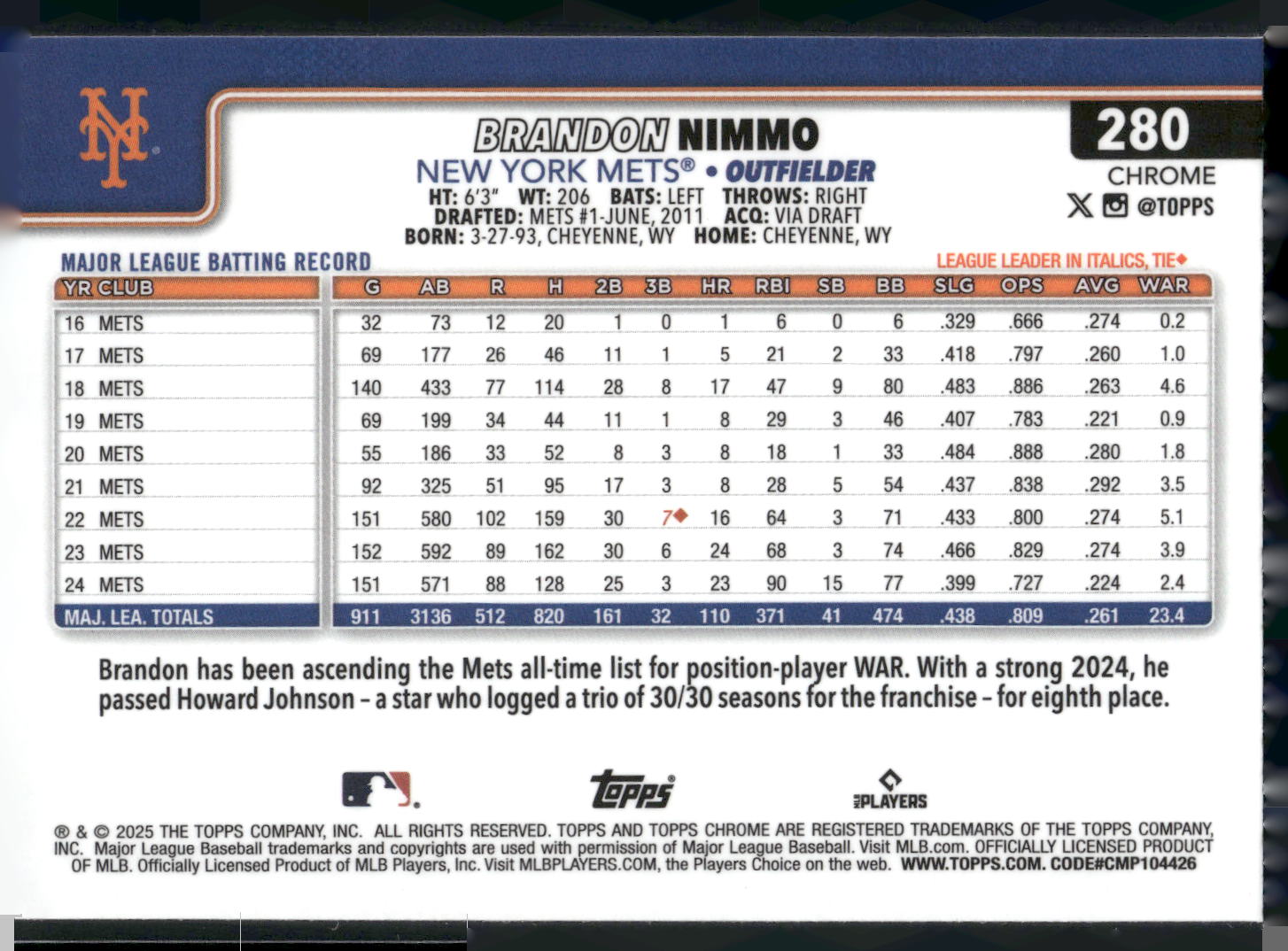2025 Topps Chrome #280 Brandon Nimmo Sepia Refractors