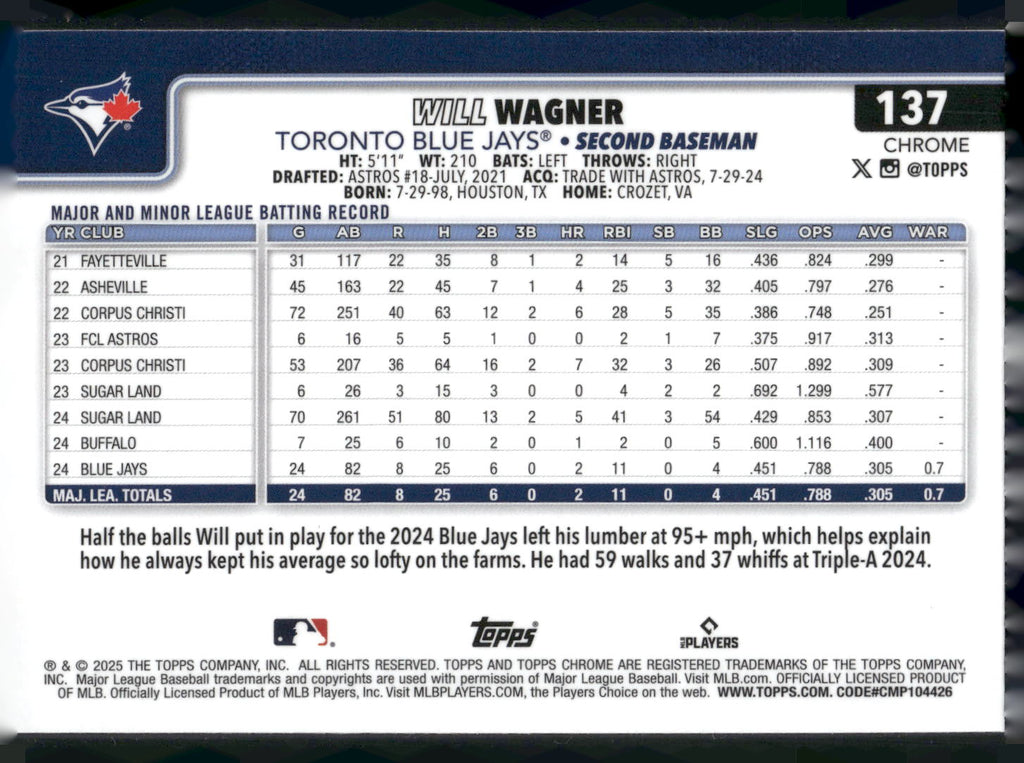 2025 Topps Chrome #137 Will Wagner X-Fractors