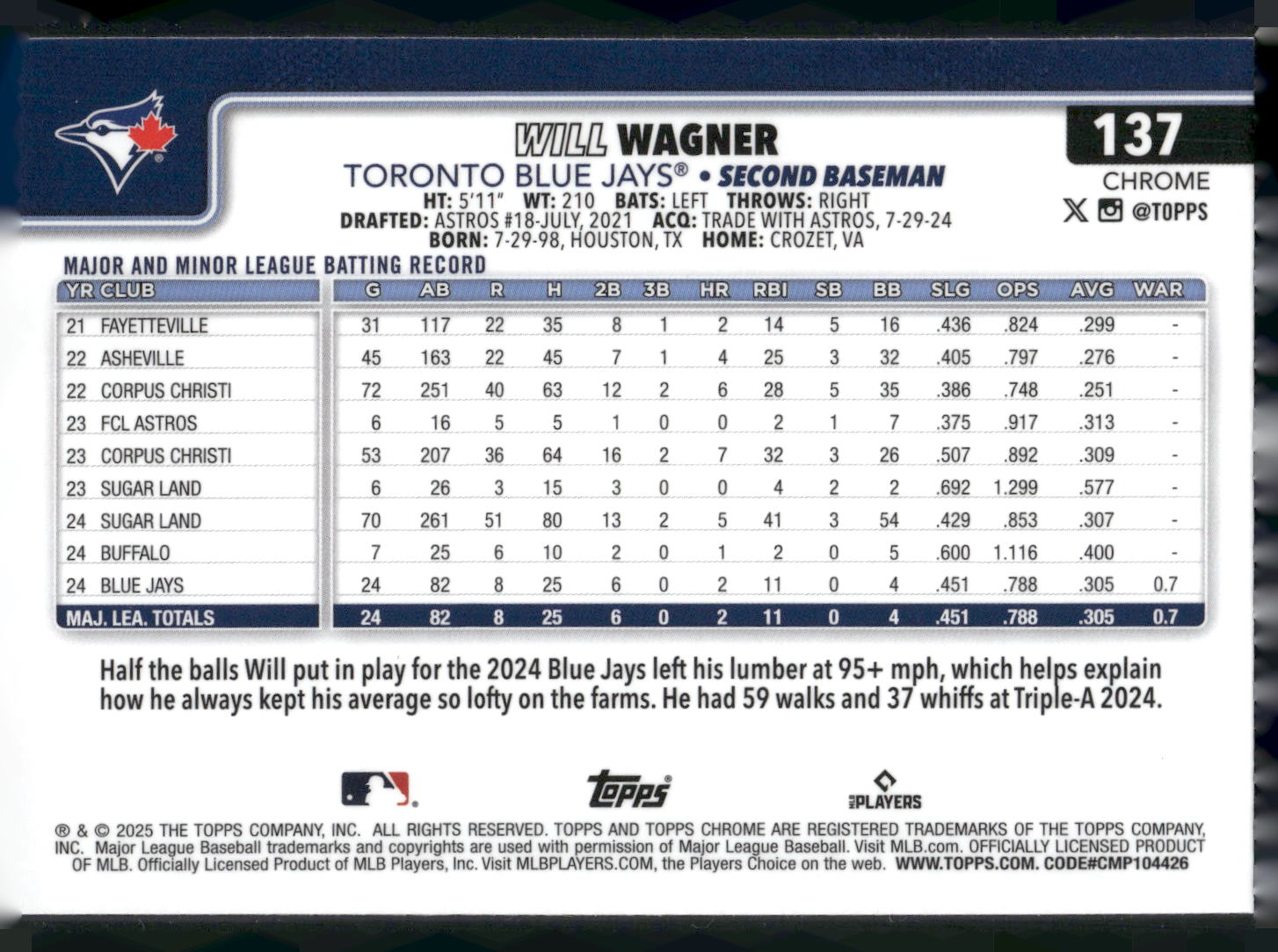 2025 Topps Chrome #137 Will Wagner X-Fractors