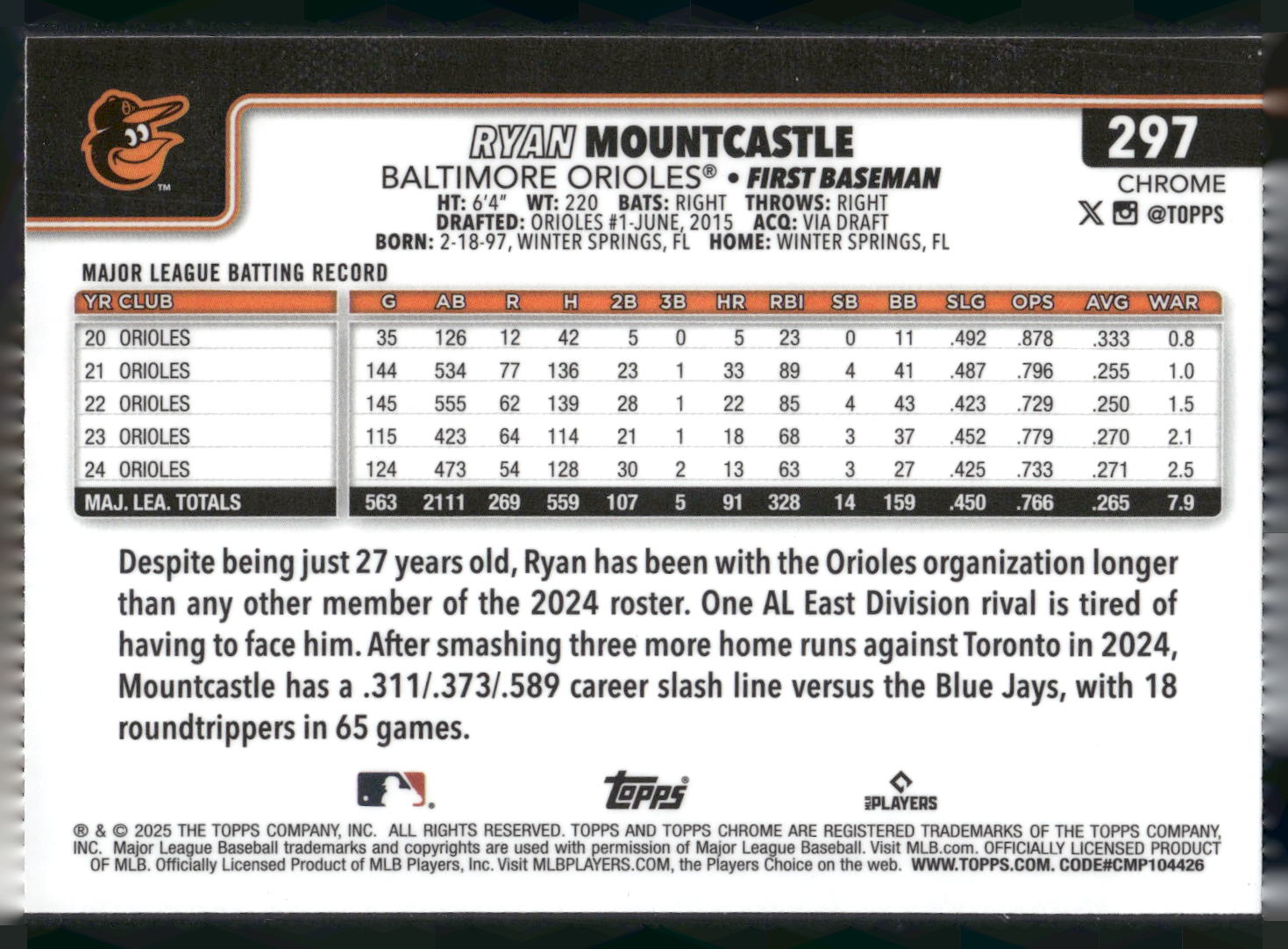 2025 Topps Chrome #297 Ryan Mountcastle RayWave Refractors