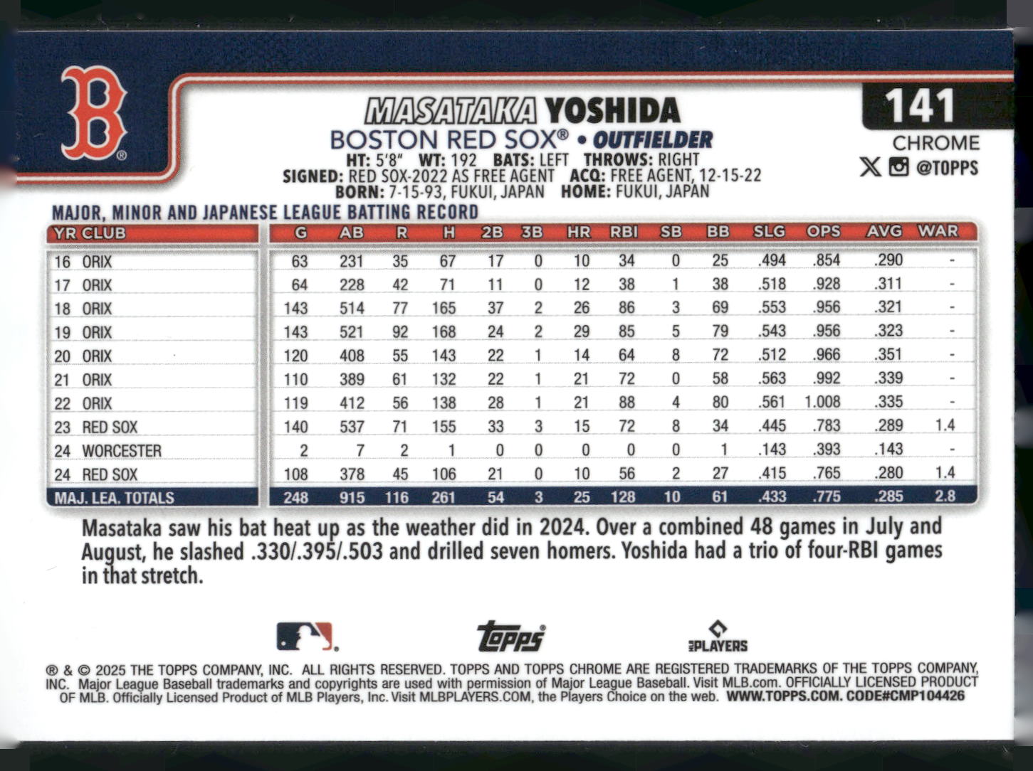 2025 Topps Chrome #141 Masataka Yoshida RayWave Refractors