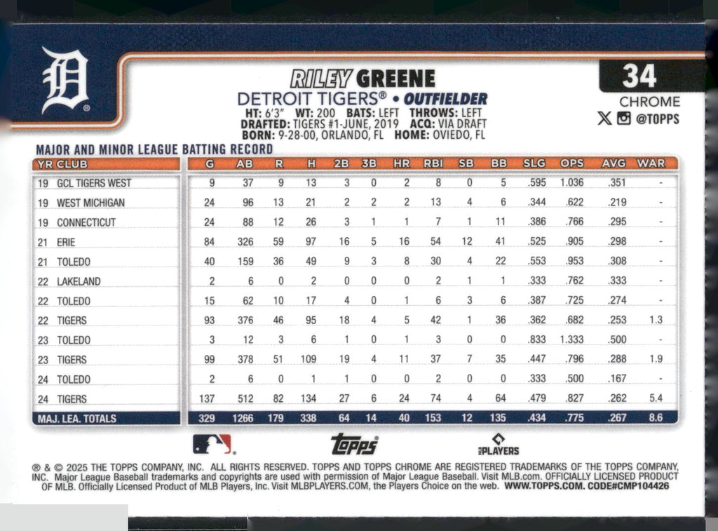 2025 Topps Chrome #34 Riley Greene X-Fractors