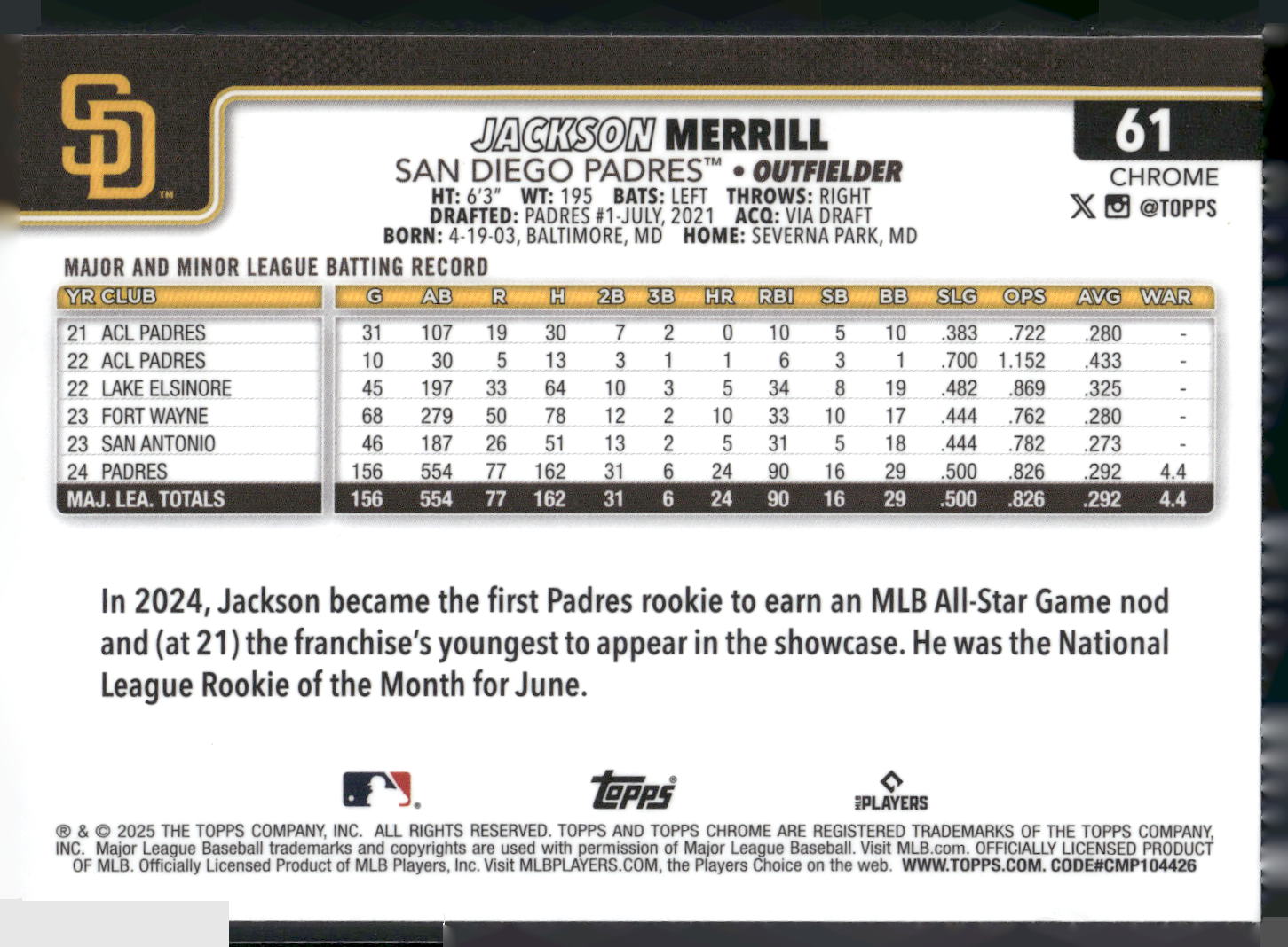 2025 Topps Chrome #61 Jackson Merrill X-Fractors