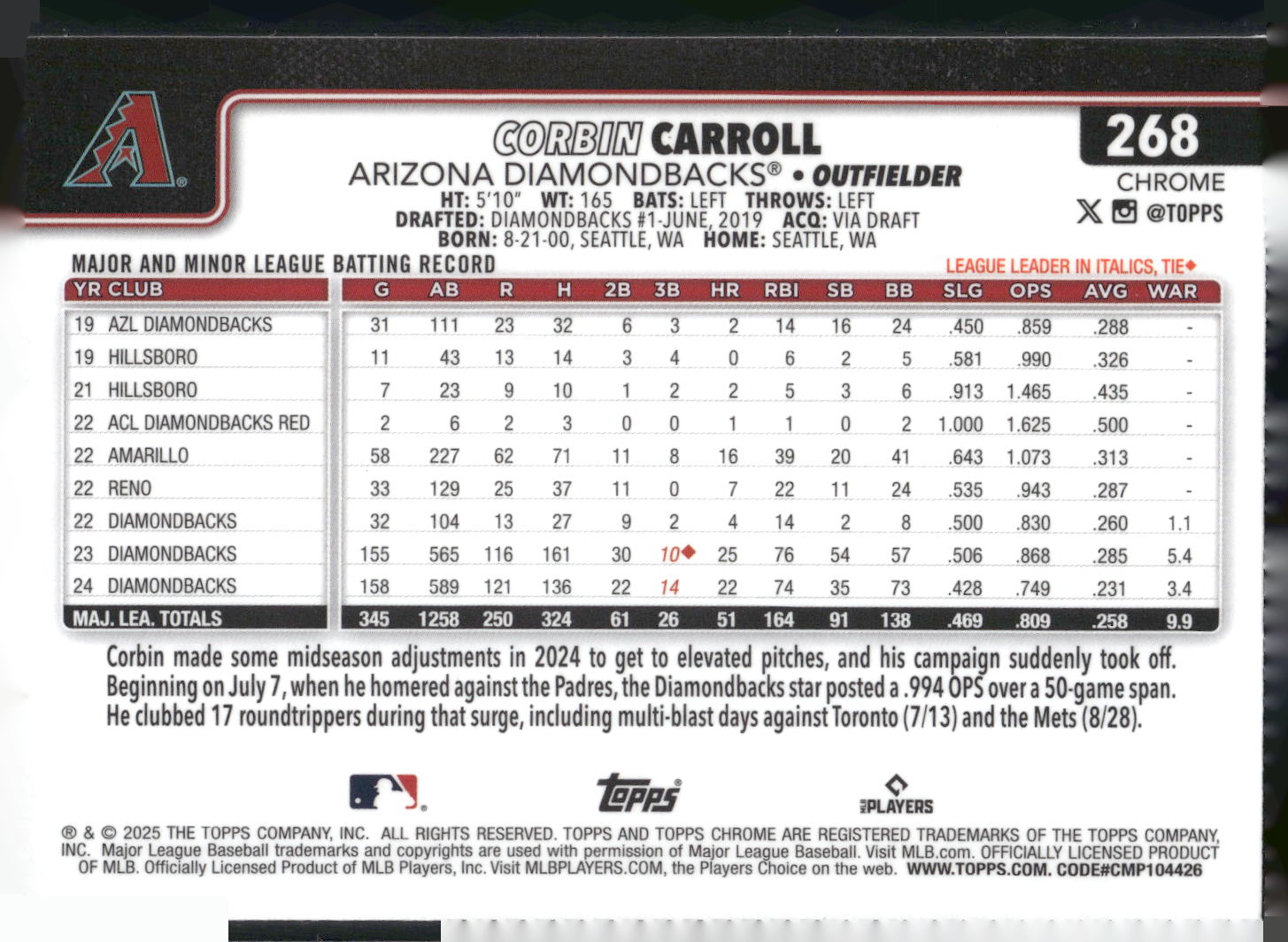 2025 Topps Chrome #268 Corbin Carroll RayWave Refractors