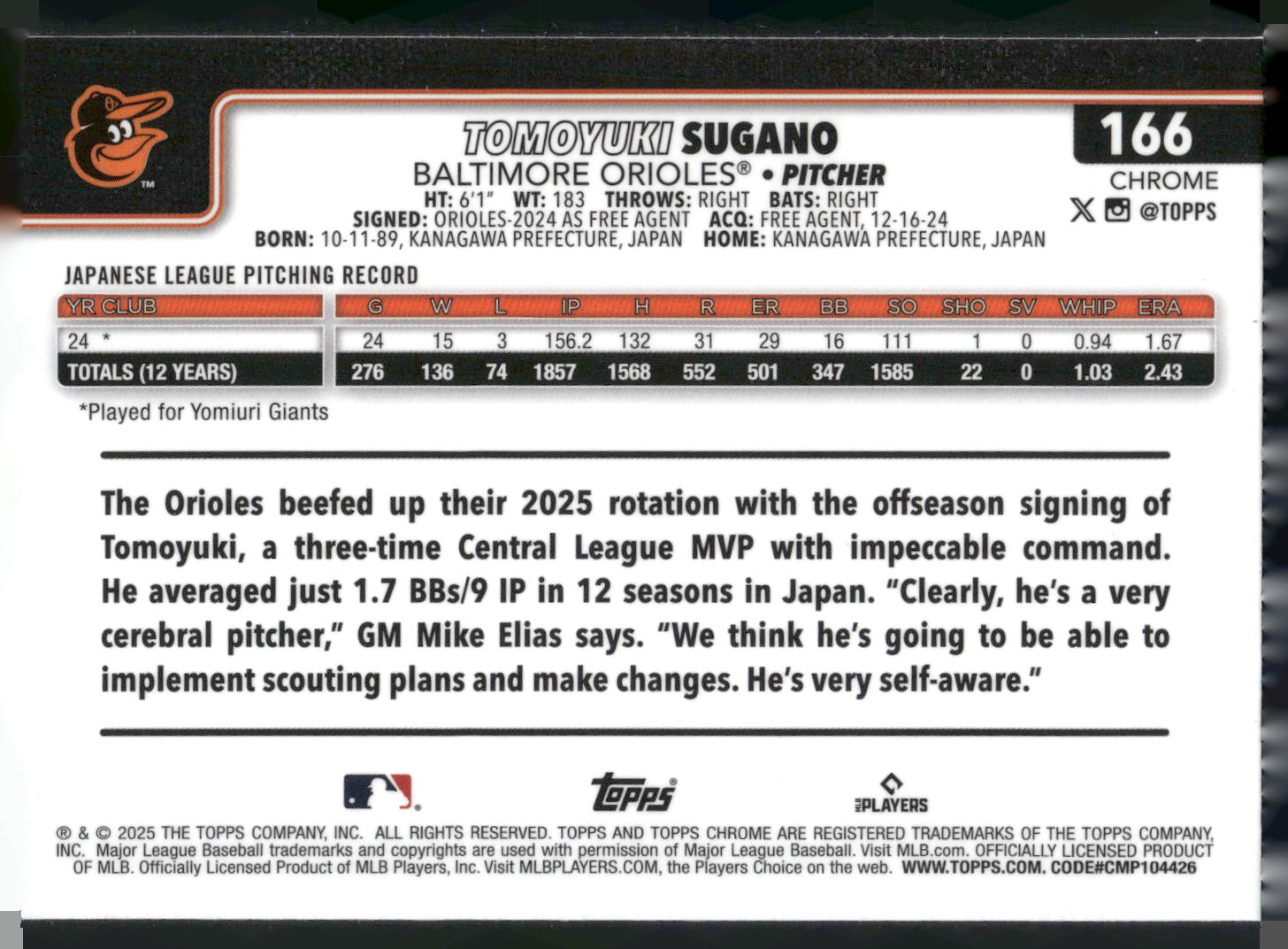 2025 Topps Chrome #166 Tomoyuki Sugano X-Fractors