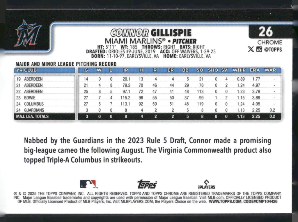 2025 Topps Chrome #26 Connor Gillispie Sepia Refractors