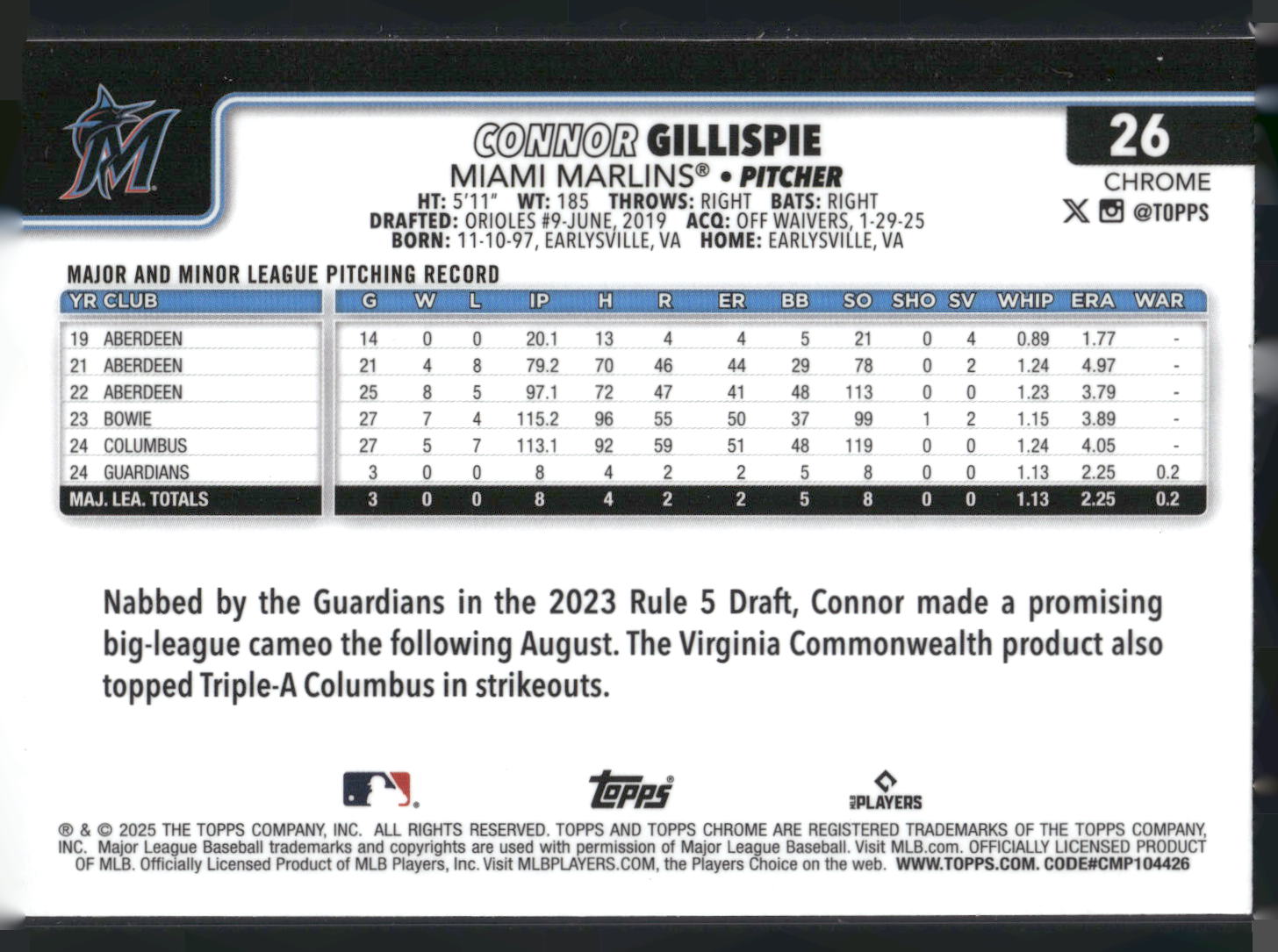 2025 Topps Chrome #26 Connor Gillispie Sepia Refractors