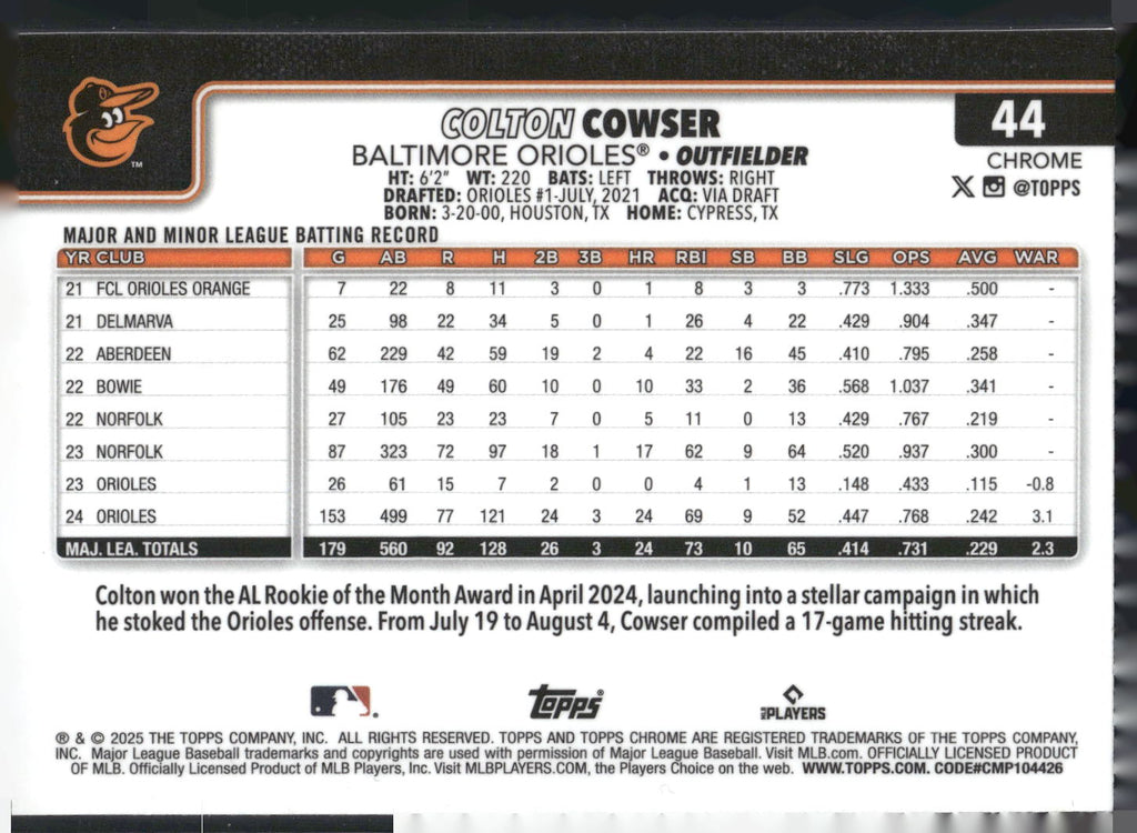 2025 Topps Chrome #44 Colton Cowser RayWave Refractors