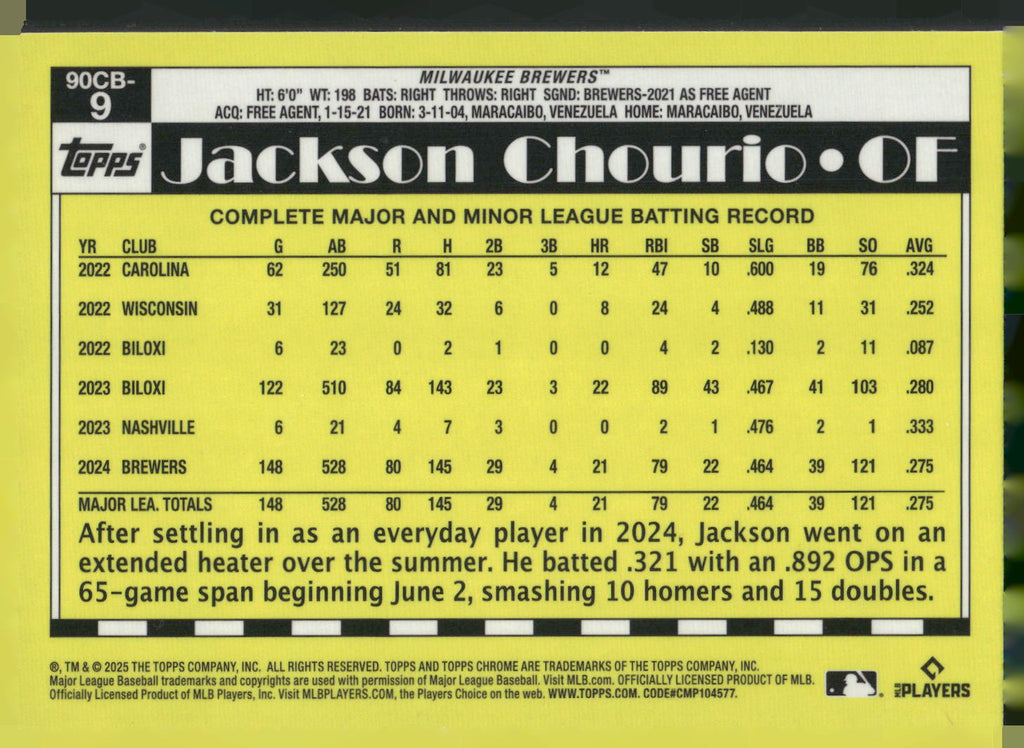 2025 Topps Chrome #90CB-9 Jackson Chourio 1990 Topps Baseball 35th Anniversary
