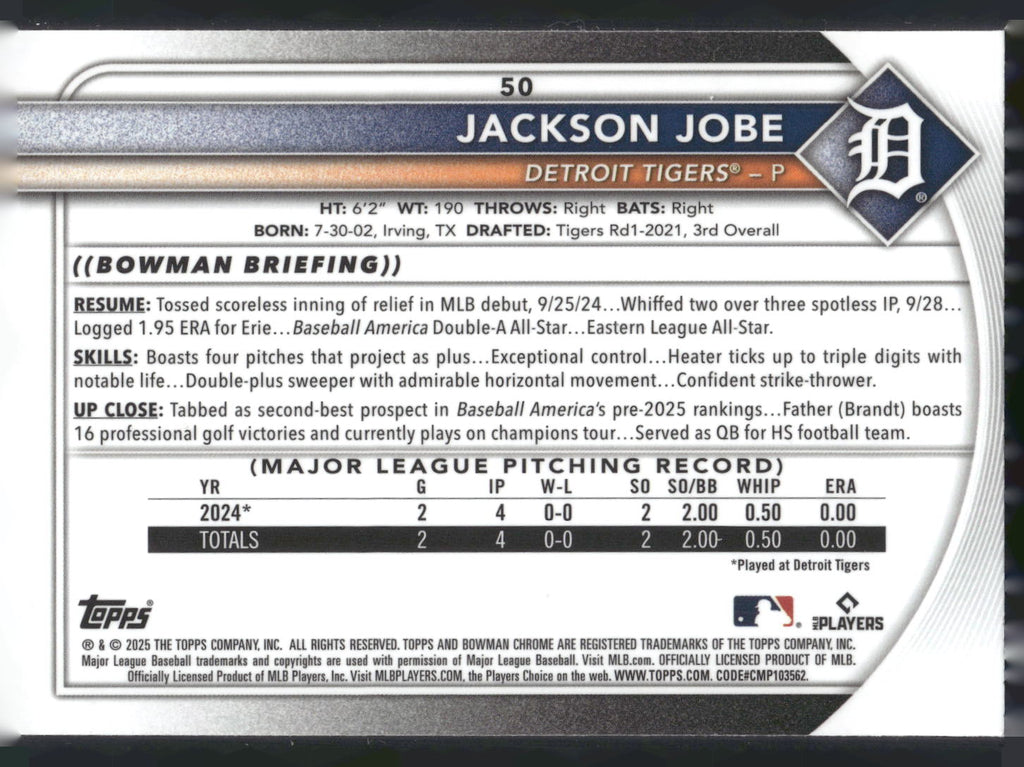 2025 Bowman #50 Jackson Jobe Chrome Mojo Refractor