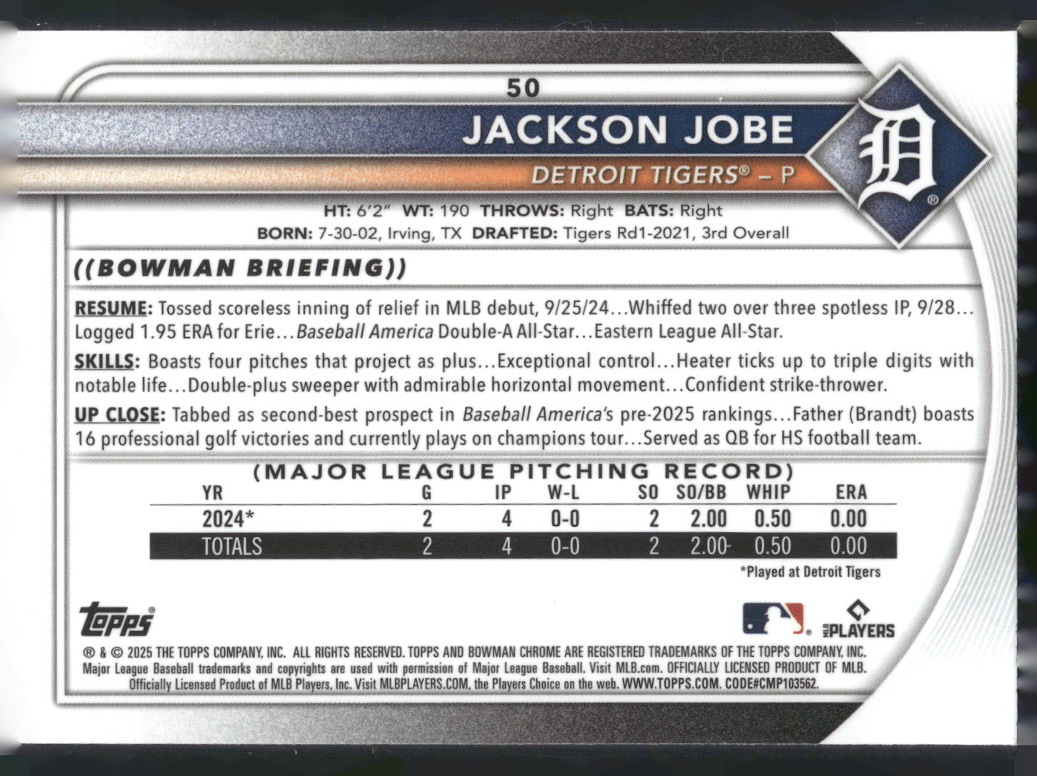 2025 Bowman #50 Jackson Jobe Chrome Mojo Refractor