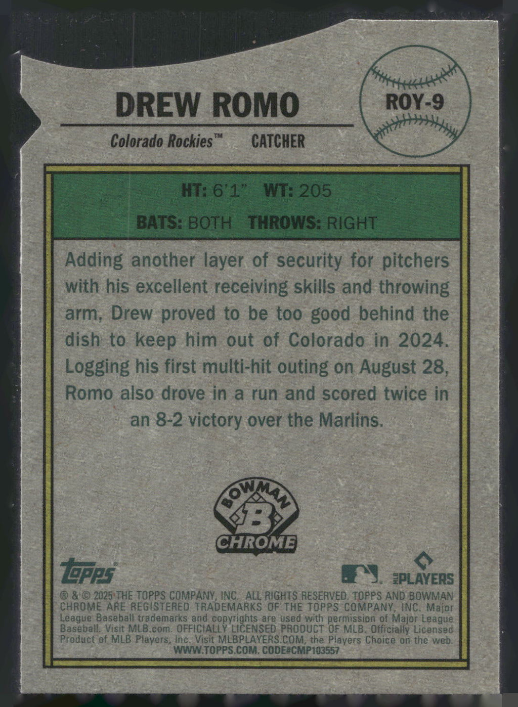 2025 Bowman #ROY-9 Drew Romo Rookie of the Year Favorites Mojo Refractor