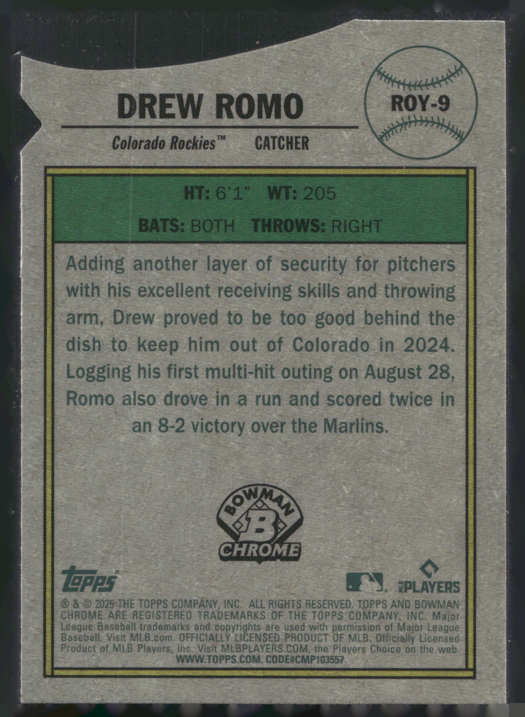 2025 Bowman #ROY-9 Drew Romo Rookie of the Year Favorites Mojo Refractor