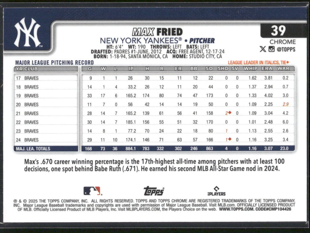 2025 Topps Chrome #39 Max Fried RayWave Refractors
