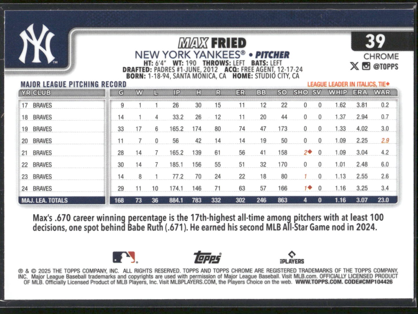 2025 Topps Chrome #39 Max Fried RayWave Refractors