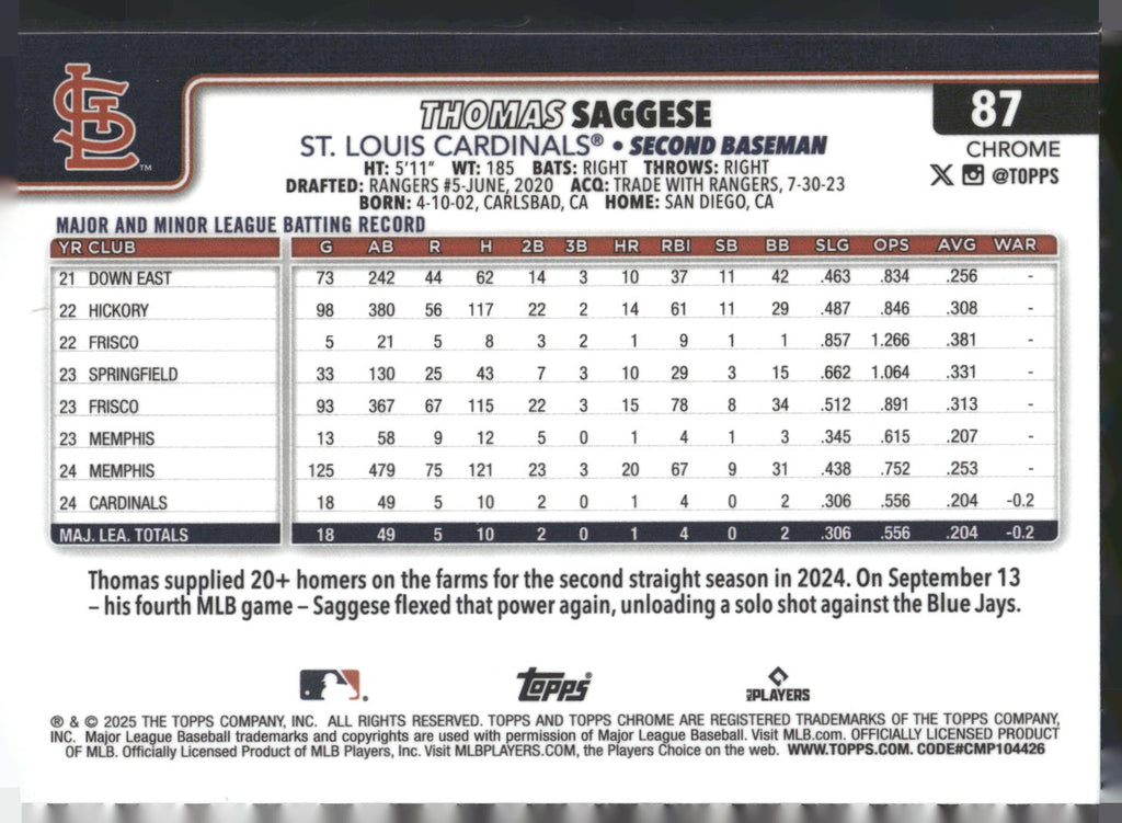 2025 Topps Chrome #87 Thomas Saggese Sepia Refractors