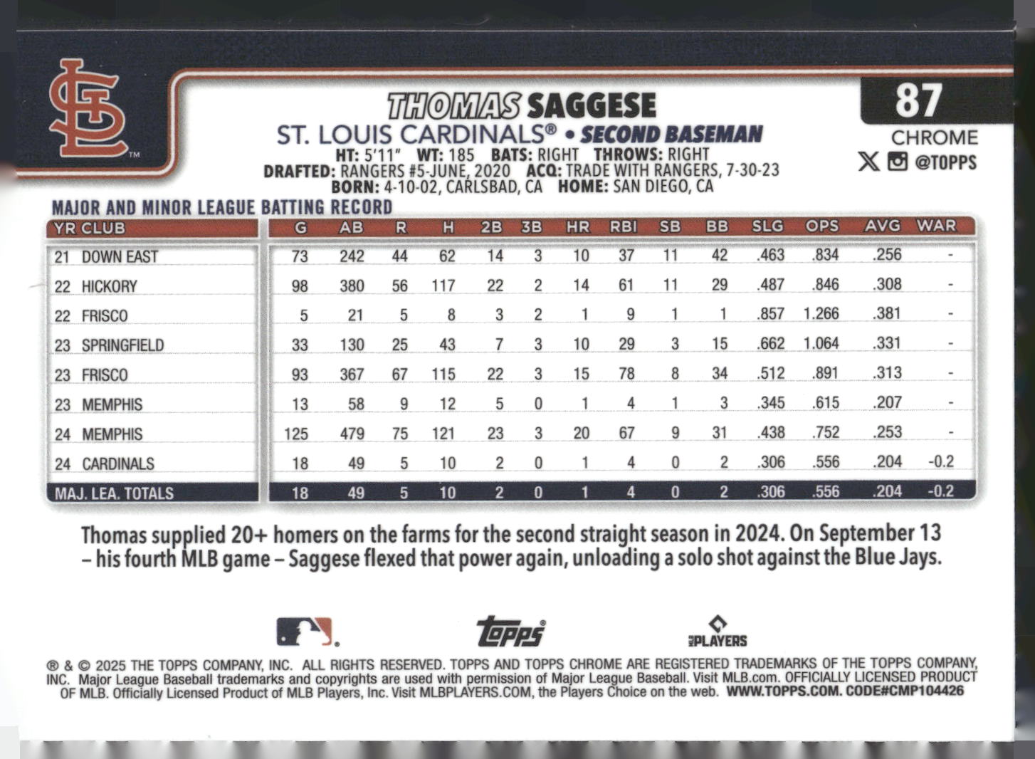 2025 Topps Chrome #87 Thomas Saggese Sepia Refractors