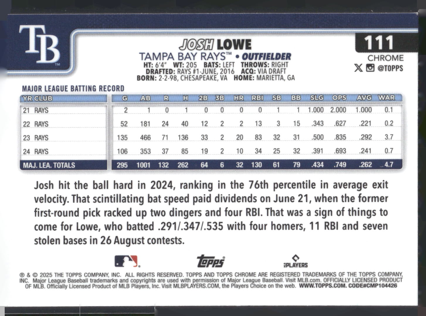 2025 Topps Chrome #111 Josh Lowe Sepia Refractors