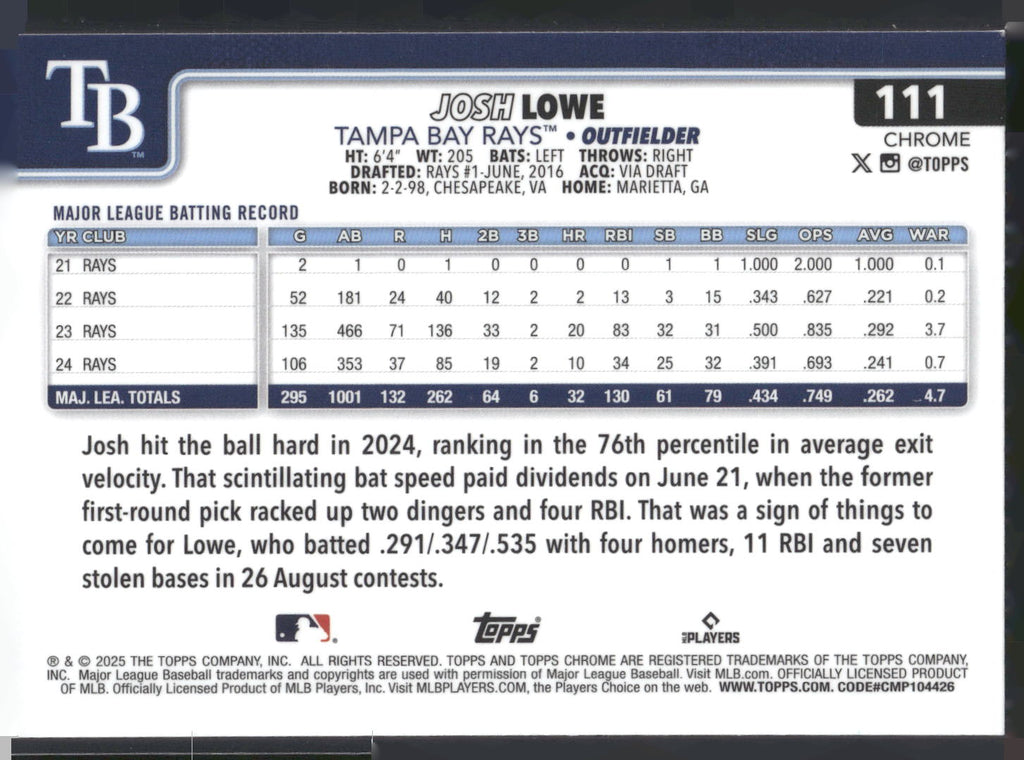 2025 Topps Chrome #111 Josh Lowe Sepia Refractors