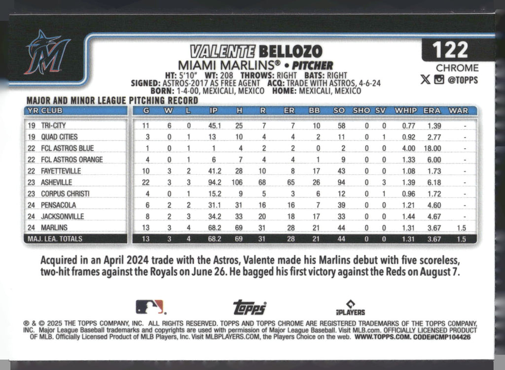 2025 Topps Chrome #122 Valente Bellozo Refractors